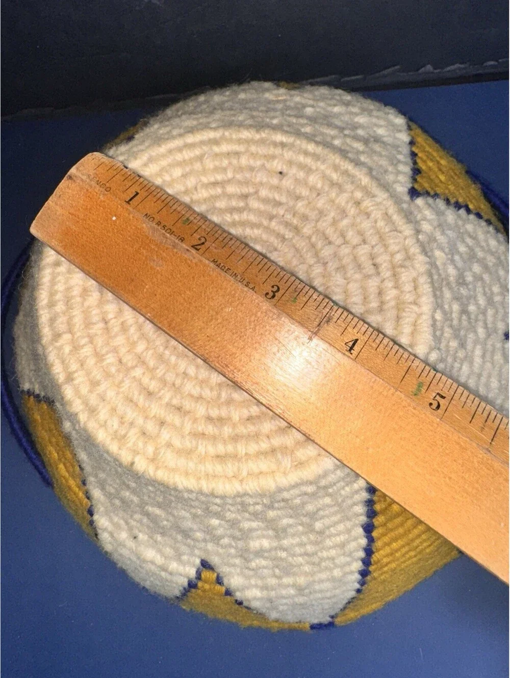 Handwoven African Wool Basket Blue Yellow White Starburst Design 9” Coiled Bowl